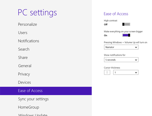 Windows 8 Ease of Access, Toggle Settings